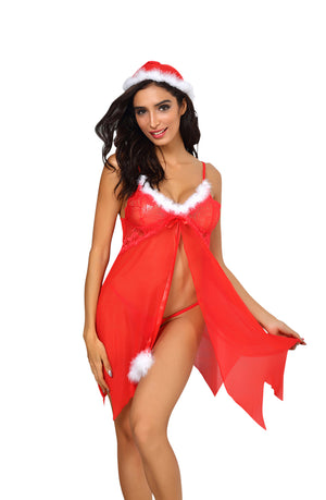 YesX YX947 3pc Red/White Hat, Babydoll & Thong